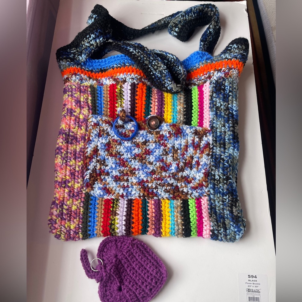 Handmade crochet stripe reversible Bohemian Market bag and heart key chain purse